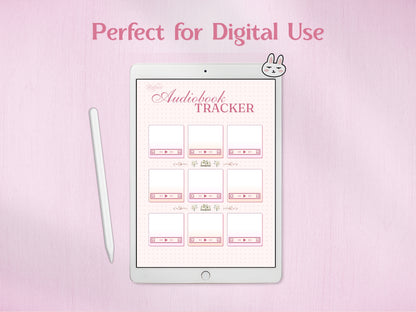 A tablet showing the audiobook tracker for digital bullet journaling, paired with a white stylus and a small bunny-ear accessory. Demonstrates how the player-themed layout and floral decorative elements look on a digital planning device.