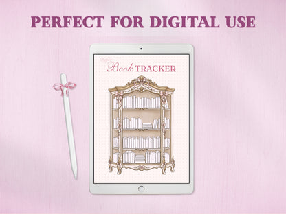 A printable book cabinet tracker template coming out of a pastel pink Canon printer on a light wood desk layout. The promotional text features 'BUY ONCE, PRINT FOREVER' and 'PRINT ON A5 OR US LETTER PAPER' to highlight its printable features for a bullet journal.