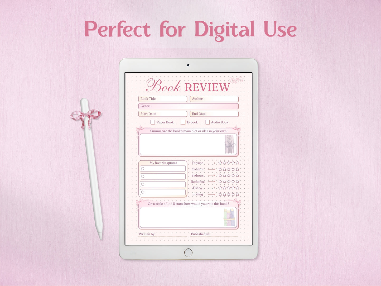 A tablet displaying the sophisticated pink book review page for digital journaling. A white stylus with a charming pink checkered bow rests on the side. The screen shows how to fill in title, author, summarize plot, note favorite quotes, and rate book elements. Ideal for digital planning.