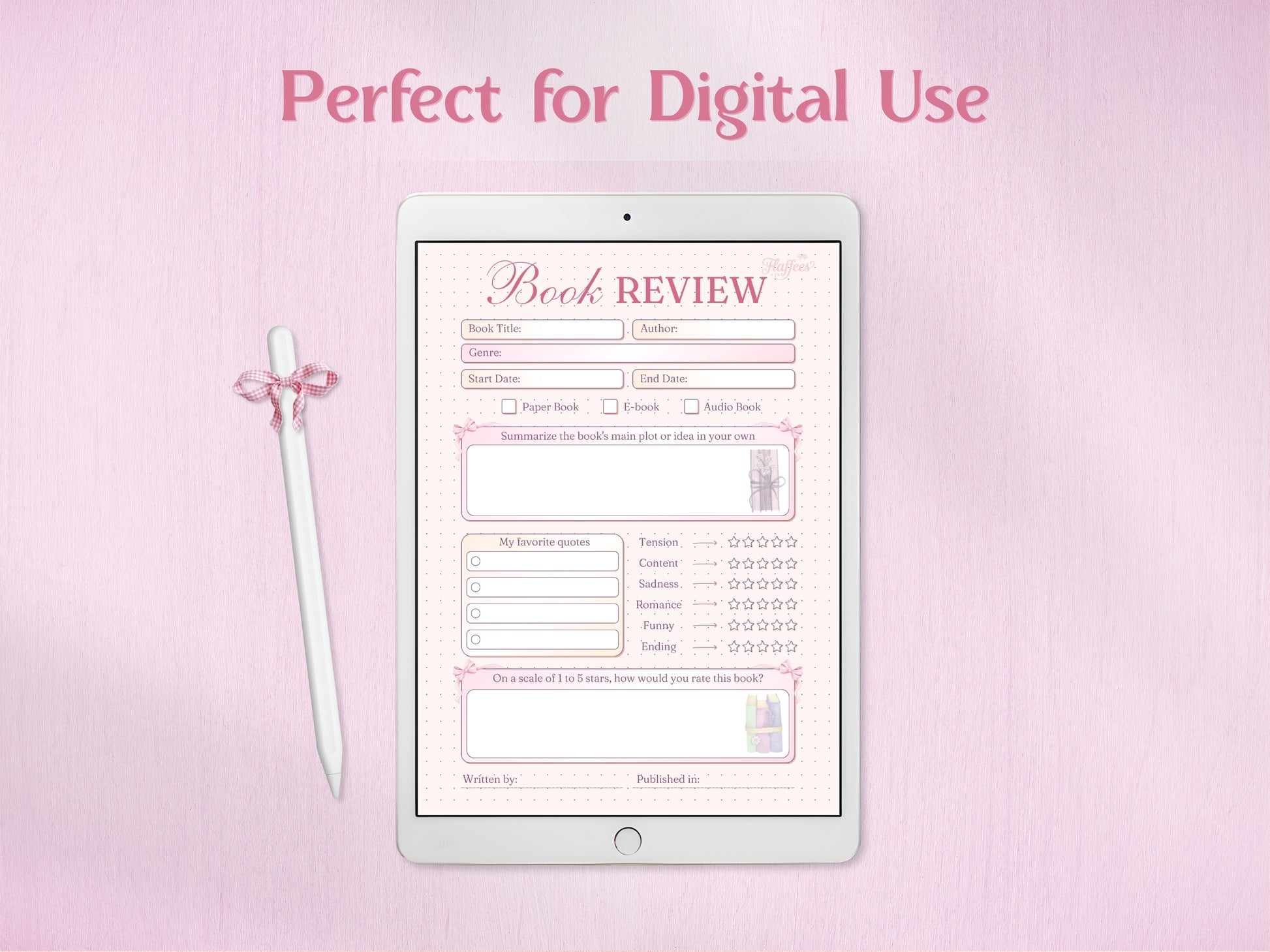 A tablet displaying the sophisticated pink book review page for digital journaling. A white stylus with a charming pink checkered bow rests on the side. The screen shows how to fill in title, author, summarize plot, note favorite quotes, and rate book elements. Ideal for digital planning.