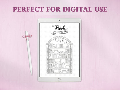 A white tablet showing the arched bookshelf tracker page for a digital bullet journal, accompanied by a white stylus with a pink bow. The text headline at the top reads 'PERFECT FOR DIGITAL USE' against a textured pink background.