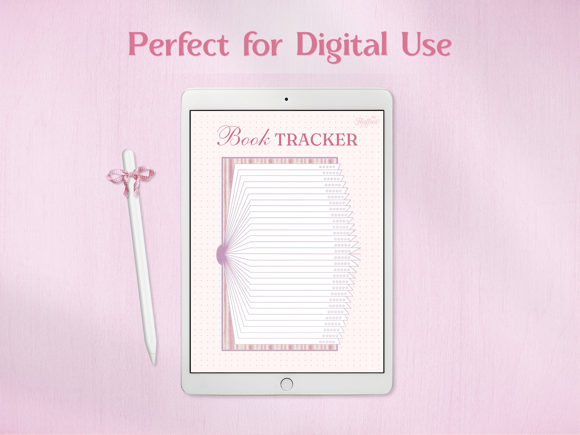 A tablet displaying the book tracker for digital journaling, accompanied by a white stylus adorned with a pink checkered bow. Shows how the aesthetic layout and 5-star rating elements look on a digital planning device.