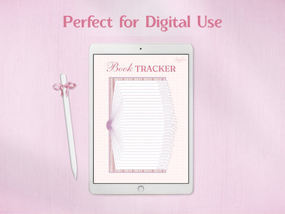 A tablet displaying the book tracker for digital journaling, accompanied by a white stylus adorned with a pink checkered bow. Shows how the aesthetic layout and 5-star rating elements look on a digital planning device.