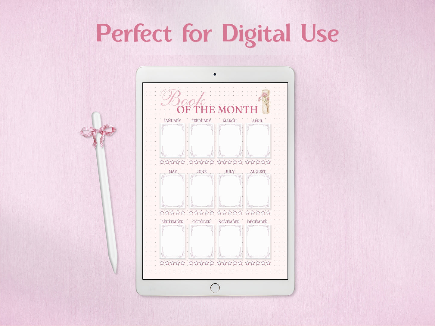 A tablet displaying the 'Book of the Month' tracker for digital bullet journaling. A white stylus with a pink checkered bow rests beside the device. Shows how the minimalist frames and star ratings look on a digital screen, ideal for paperless planning and book tracking.