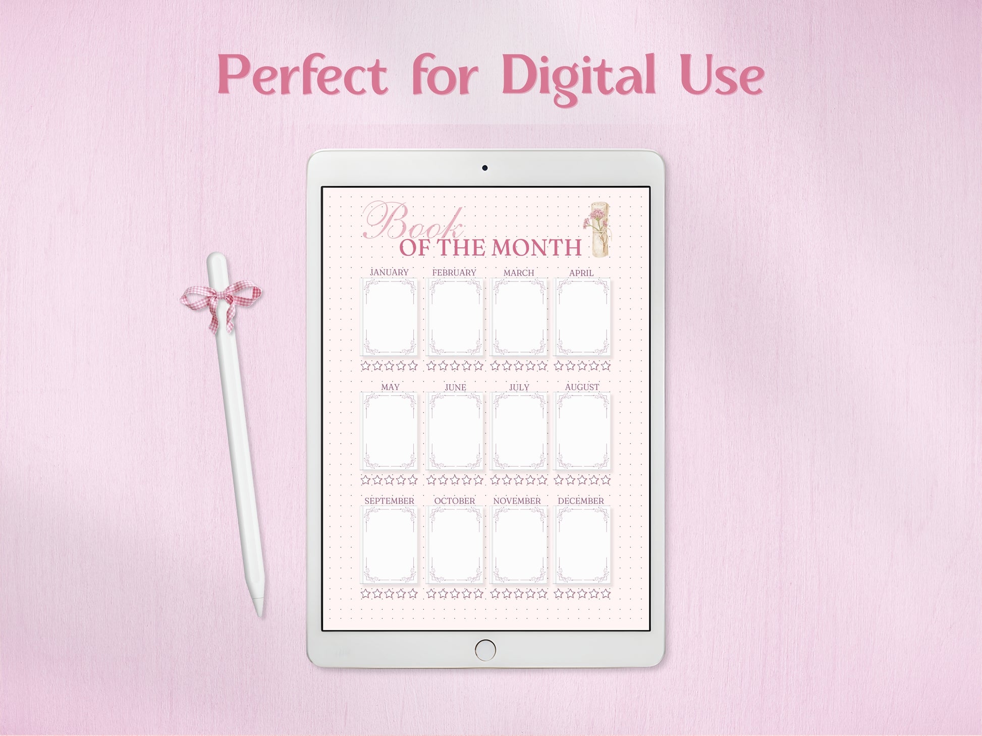A tablet displaying the 'Book of the Month' tracker for digital bullet journaling. A white stylus with a pink checkered bow rests beside the device. Shows how the minimalist frames and star ratings look on a digital screen, ideal for paperless planning and book tracking.