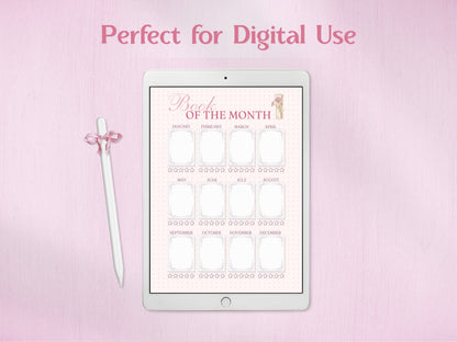 A tablet displaying the 'Book of the Month' tracker for digital bullet journaling. A white stylus with a pink checkered bow rests beside the device. Shows how the minimalist frames and star ratings look on a digital screen, ideal for paperless planning and book tracking.
