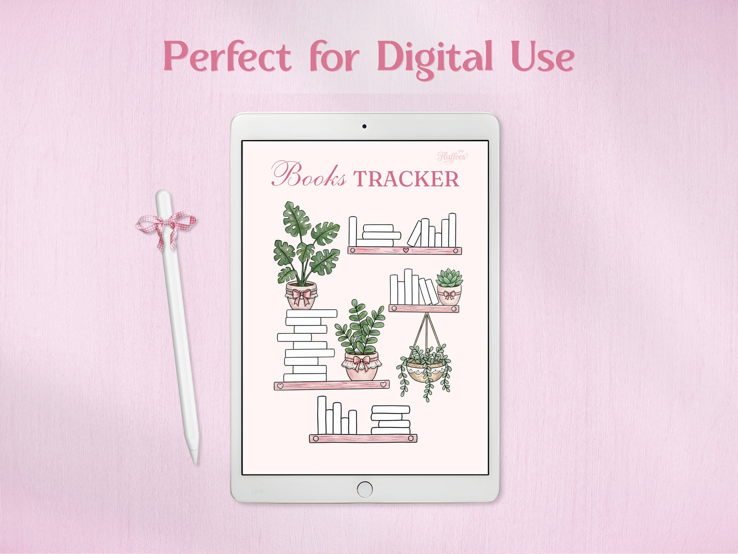 A digital version of the bookshelf tracker displayed on a tablet screen, perfect for use with a stylus. The illustration includes cute potted plants and shelves of books to track reading progress in a stylish, pink-themed digital planner.