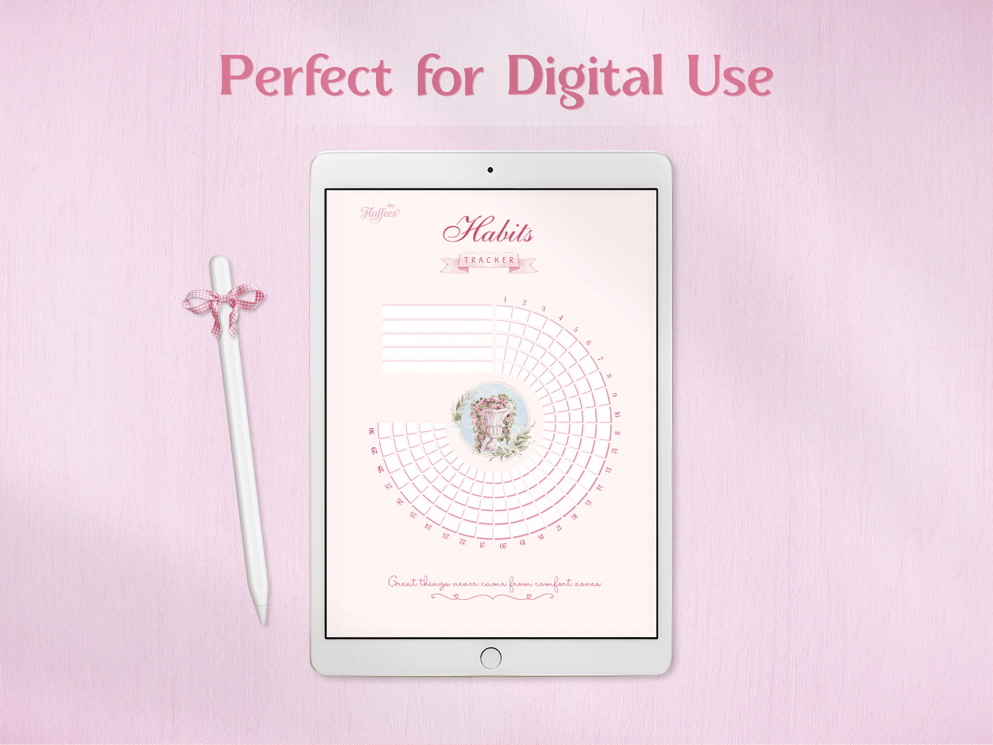 Digital use demonstration of the habit tracker on a tablet with a stylus. The clean, pink aesthetic layout is shown as being compatible with digital note-taking apps and tablets.