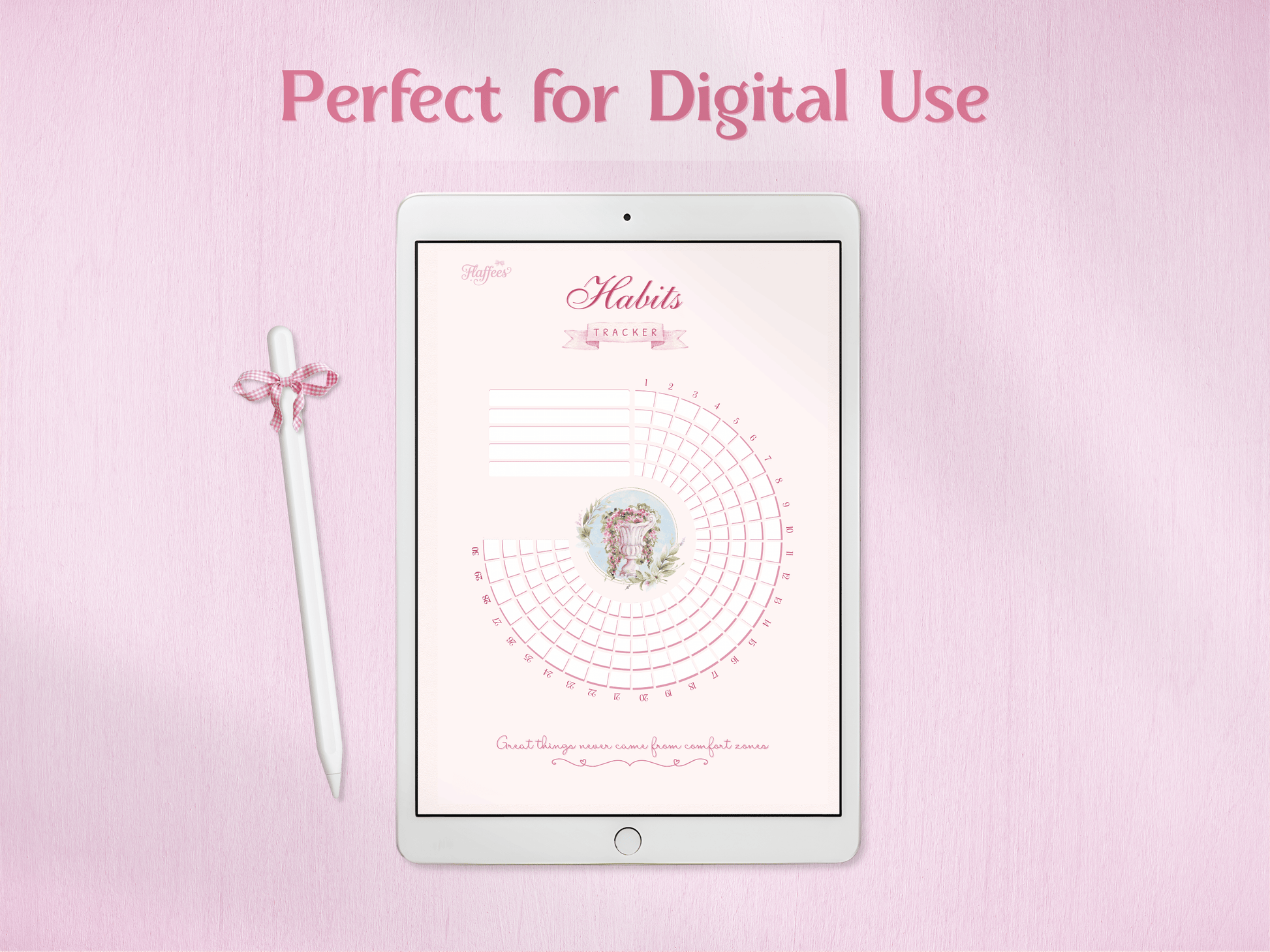 Digital use demonstration of the habit tracker on a tablet with a stylus. The clean, pink aesthetic layout is shown as being compatible with digital note-taking apps and tablets.