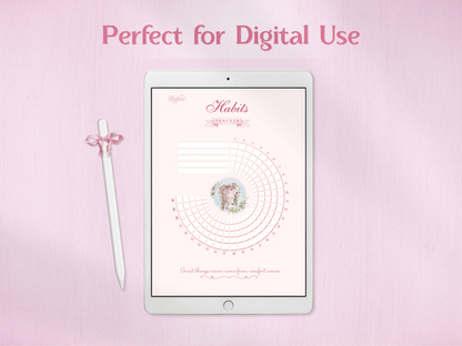 Digital use demonstration of the habit tracker on a tablet with a stylus. The clean, pink aesthetic layout is shown as being compatible with digital note-taking apps and tablets.