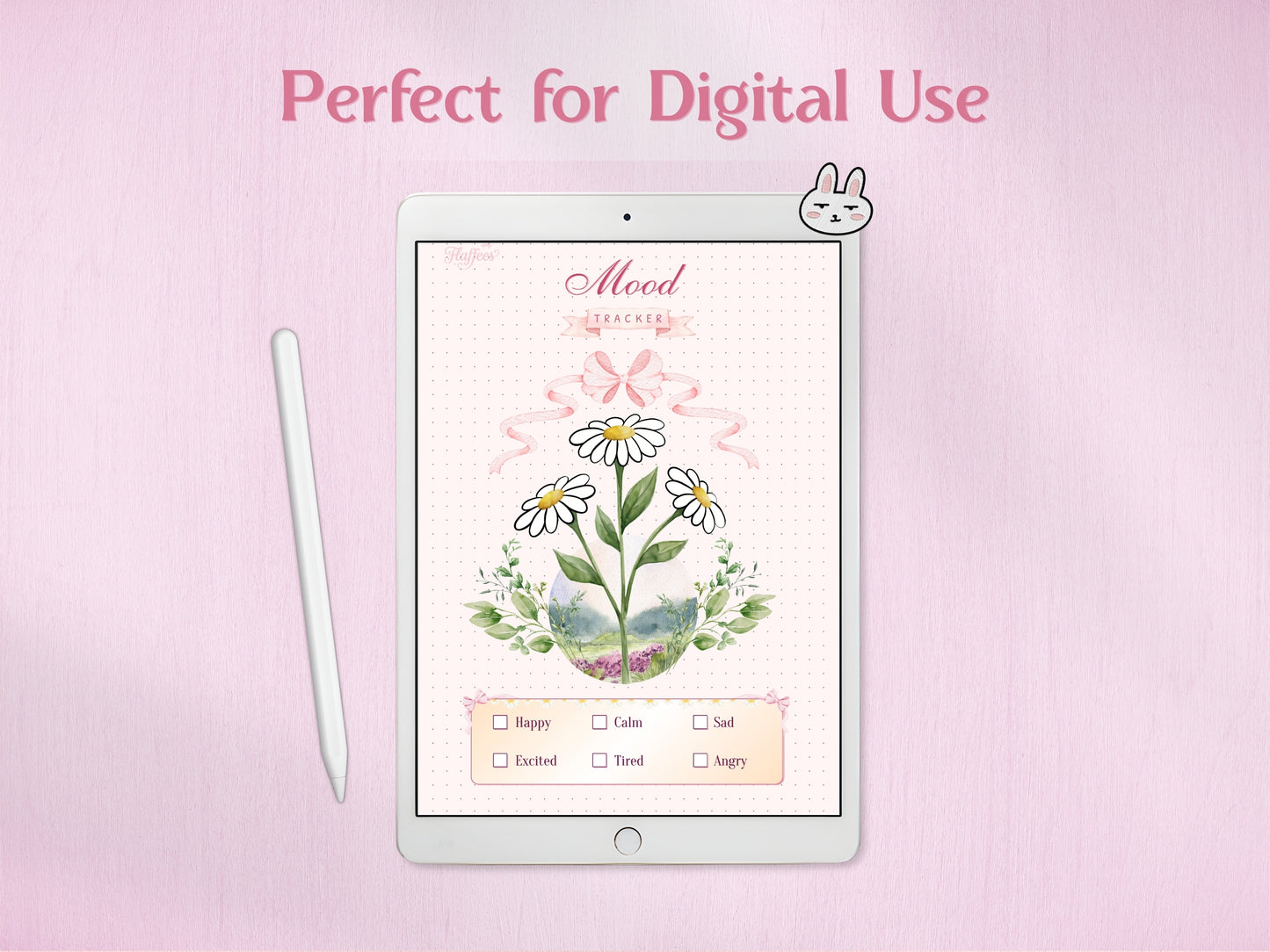 A digital tablet displaying the daisy-themed mood tracker for paperless bullet journaling, accompanied by a white stylus and a cute bunny-ear accessory. The display shows how the delicate floral artwork and mood checkboxes look on a high-resolution digital planning device.
