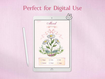 A digital tablet displaying the daisy-themed mood tracker for paperless bullet journaling, accompanied by a white stylus and a cute bunny-ear accessory. The display shows how the delicate floral artwork and mood checkboxes look on a high-resolution digital planning device.