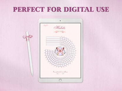 A white tablet displaying the radial butterfly habit tracker layout for a digital bullet journal, paired with a white stylus decorated with a pink gingham bow. The bold headline at the top reads 'PERFECT FOR DIGITAL USE'.