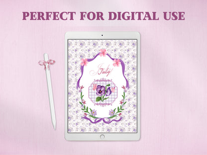 A white tablet displaying the purple pansy July cover layout for a digital bullet journal, paired with a white stylus decorated with a pink gingham bow. The bold headline at the top reads 'PERFECT FOR DIGITAL USE' against a textured pink background.
