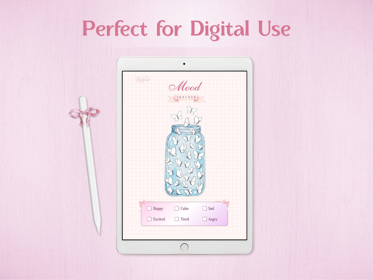 A white tablet displaying the butterfly jar mood tracker page for digital bullet journal, paired with a stylus decorated with a pink gingham bow. Top text says 'Perfect for Digital Use' on a pink textured background.