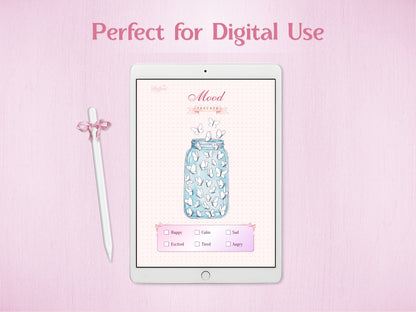 A white tablet displaying the butterfly jar mood tracker page for digital bullet journal, paired with a stylus decorated with a pink gingham bow. Top text says 'Perfect for Digital Use' on a pink textured background.