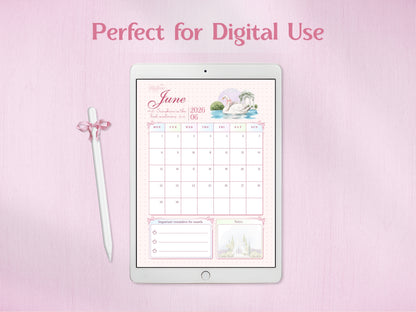 A tablet displaying the swan-themed June 2026 calendar for digital journaling, accompanied by a white stylus adorned with a pink checkered bow. Shows the aesthetic pink layout and dotted background on a digital planning device.