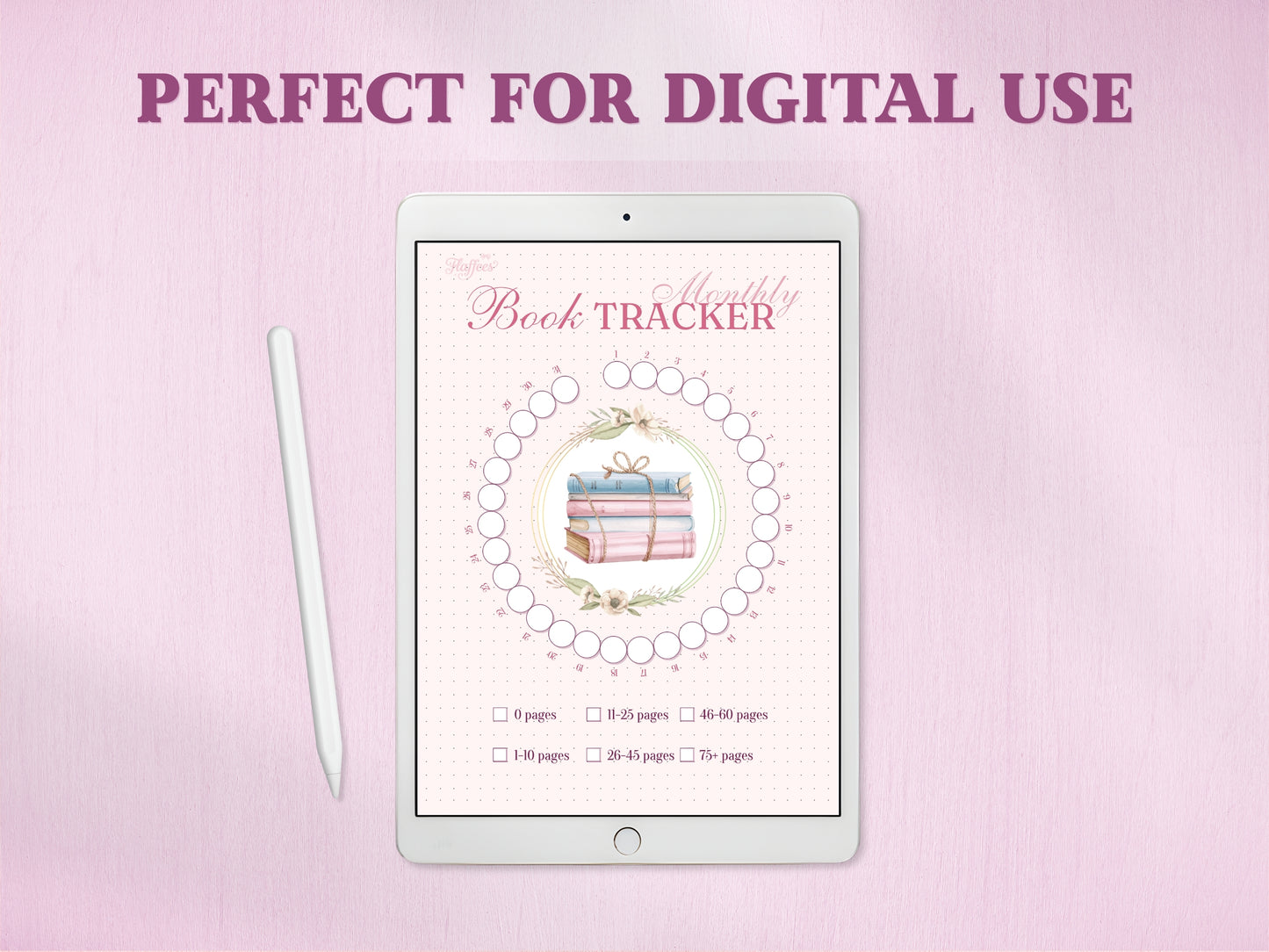 A printable circular monthly book tracker template coming out of a pastel pink Canon printer on a light wood desk layout. The promotional text features 'BUY ONCE, PRINT FOREVER' and 'PRINT ON A5 OR US LETTER PAPER' to highlight its printable features for a bullet journal.