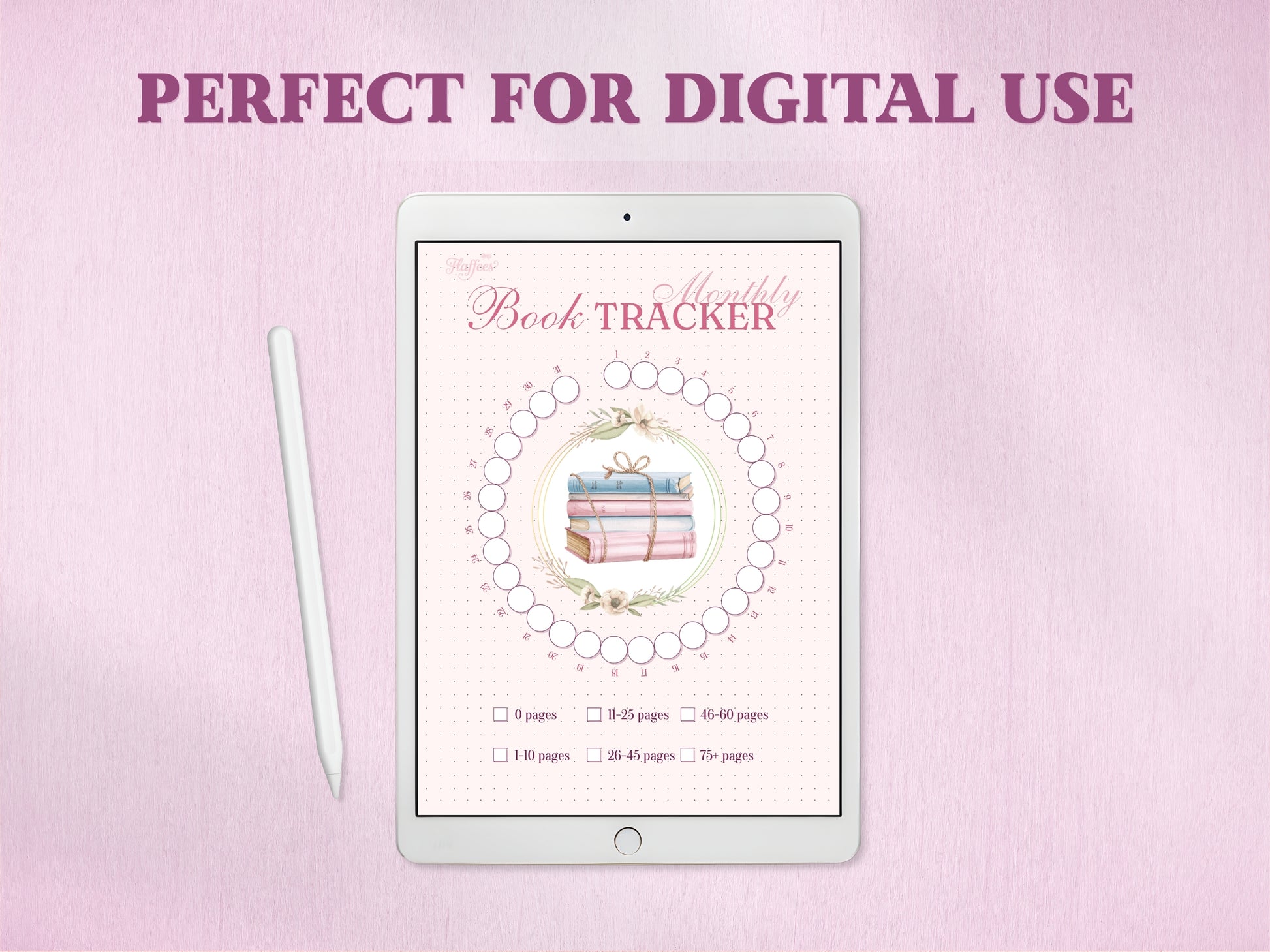A printable circular monthly book tracker template coming out of a pastel pink Canon printer on a light wood desk layout. The promotional text features 'BUY ONCE, PRINT FOREVER' and 'PRINT ON A5 OR US LETTER PAPER' to highlight its printable features for a bullet journal.
