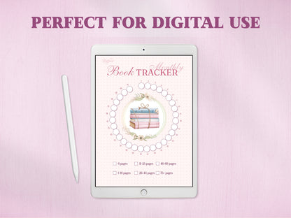A printable circular monthly book tracker template coming out of a pastel pink Canon printer on a light wood desk layout. The promotional text features 'BUY ONCE, PRINT FOREVER' and 'PRINT ON A5 OR US LETTER PAPER' to highlight its printable features for a bullet journal.