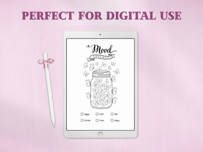 A white tablet showing the black and white line-art butterfly jar mood tracker page for a digital bullet journal, accompanied by a white stylus with a pink bow. The text headline at the top reads 'PERFECT FOR DIGITAL USE'.
