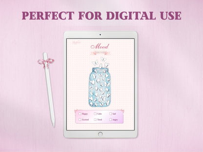 A white tablet displaying the butterfly jar mood tracker layout for a digital bullet journal, paired with a white stylus decorated with a pink gingham bow. The bold headline at the top reads 'PERFECT FOR DIGITAL USE'.