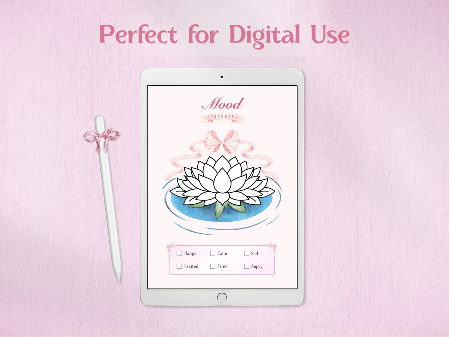 A tablet displaying the lotus mood tracker for digital journaling, accompanied by a white stylus with a pink bow. Shows how the aesthetic pink design and coloring elements look on a digital planning device.