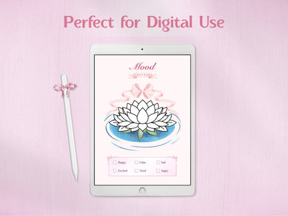 A tablet displaying the lotus mood tracker for digital journaling, accompanied by a white stylus with a pink bow. Shows how the aesthetic pink design and coloring elements look on a digital planning device.