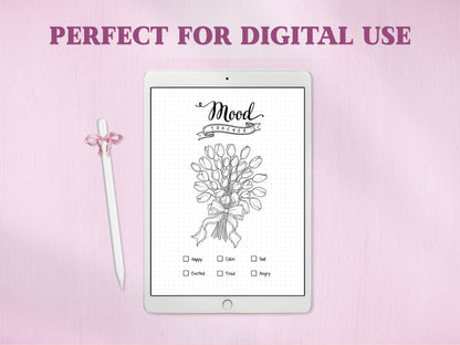 A white tablet showcasing the tulip bouquet mood tracker template for a digital bullet journal, accompanied by a white stylus with a pink bow. The text headline at the top reads 'PERFECT FOR DIGITAL USE' against a textured pink background.