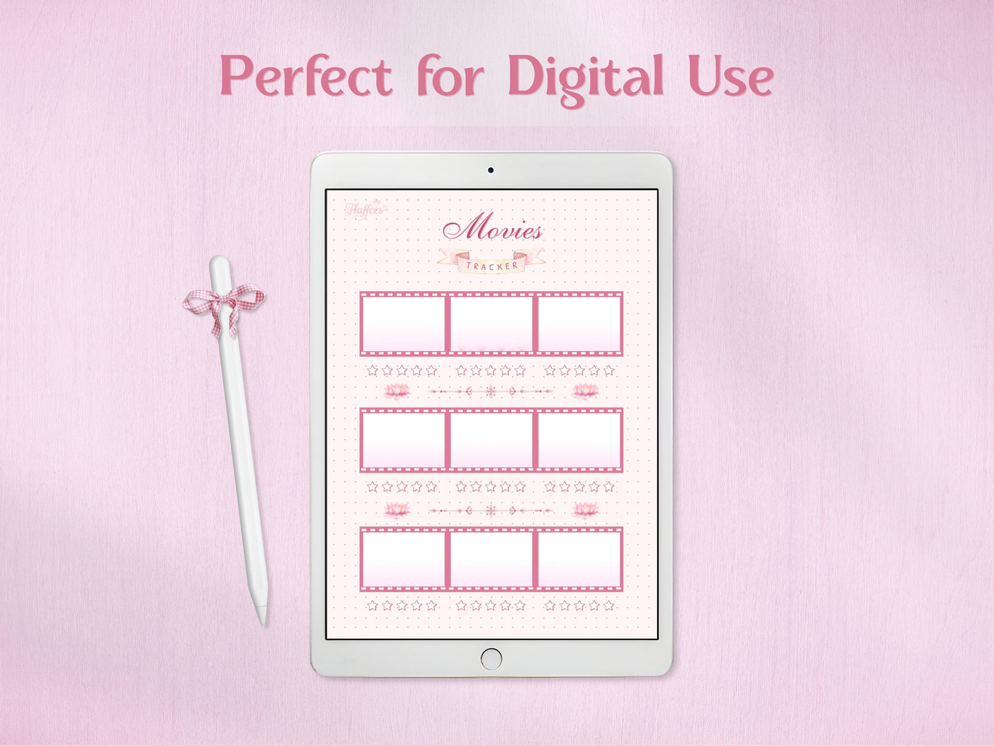A tablet displaying the 'Movies' tracking page for digital journaling. A white stylus with a charming pink checkered bow rests beside the device. The screen shows how the film strip entries, lotus decorations, and star rating elements look on a digital planning device. Perfect for digital movie lovers.