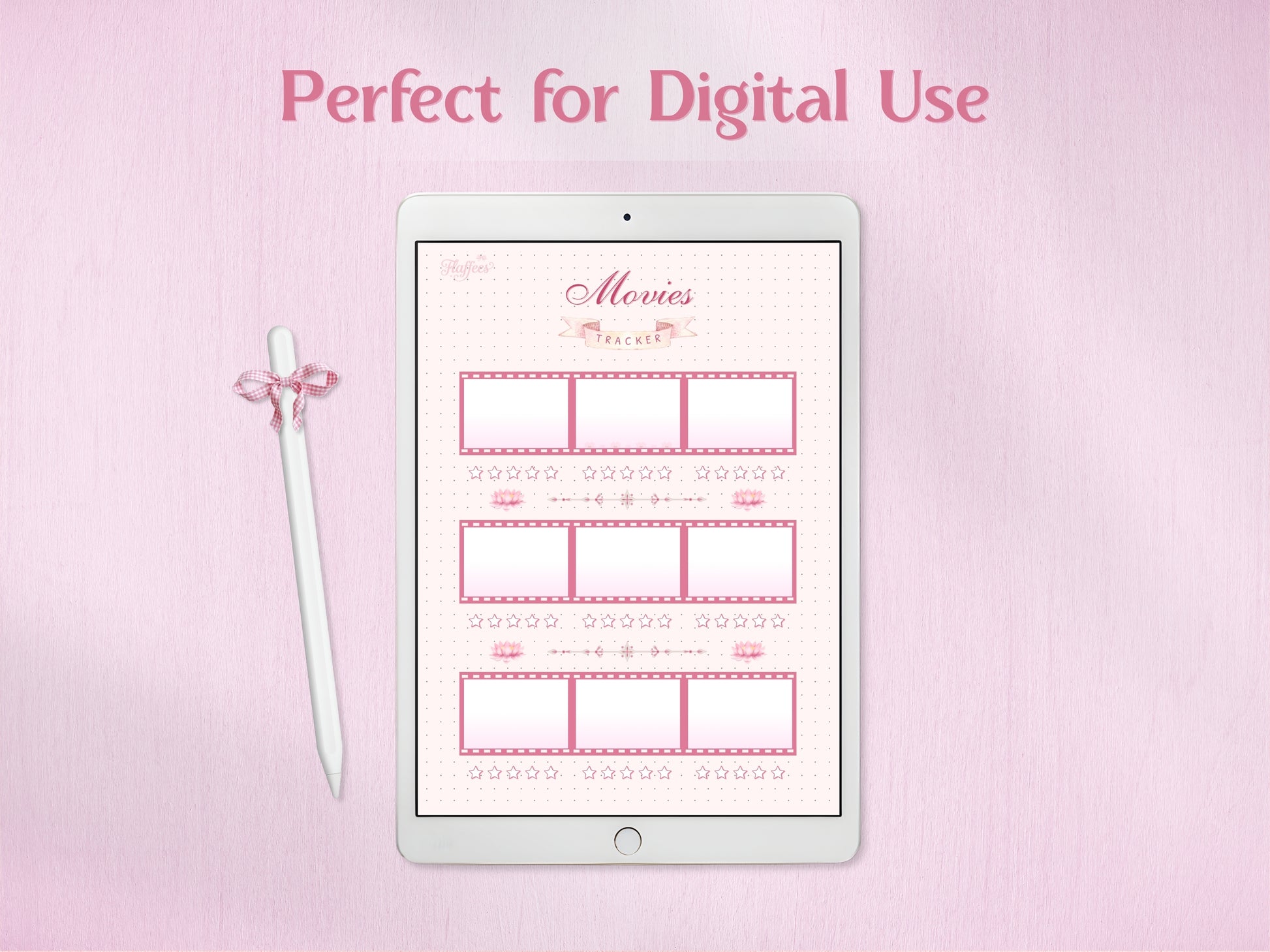 A tablet displaying the 'Movies' tracking page for digital journaling. A white stylus with a charming pink checkered bow rests beside the device. The screen shows how the film strip entries, lotus decorations, and star rating elements look on a digital planning device. Perfect for digital movie lovers.