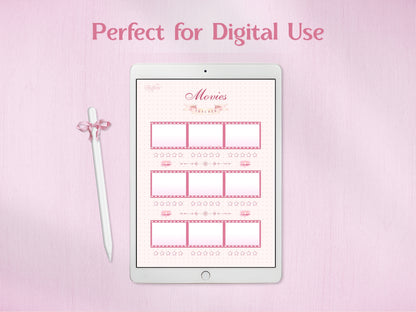 A tablet displaying the 'Movies' tracking page for digital journaling. A white stylus with a charming pink checkered bow rests beside the device. The screen shows how the film strip entries, lotus decorations, and star rating elements look on a digital planning device. Perfect for digital movie lovers.