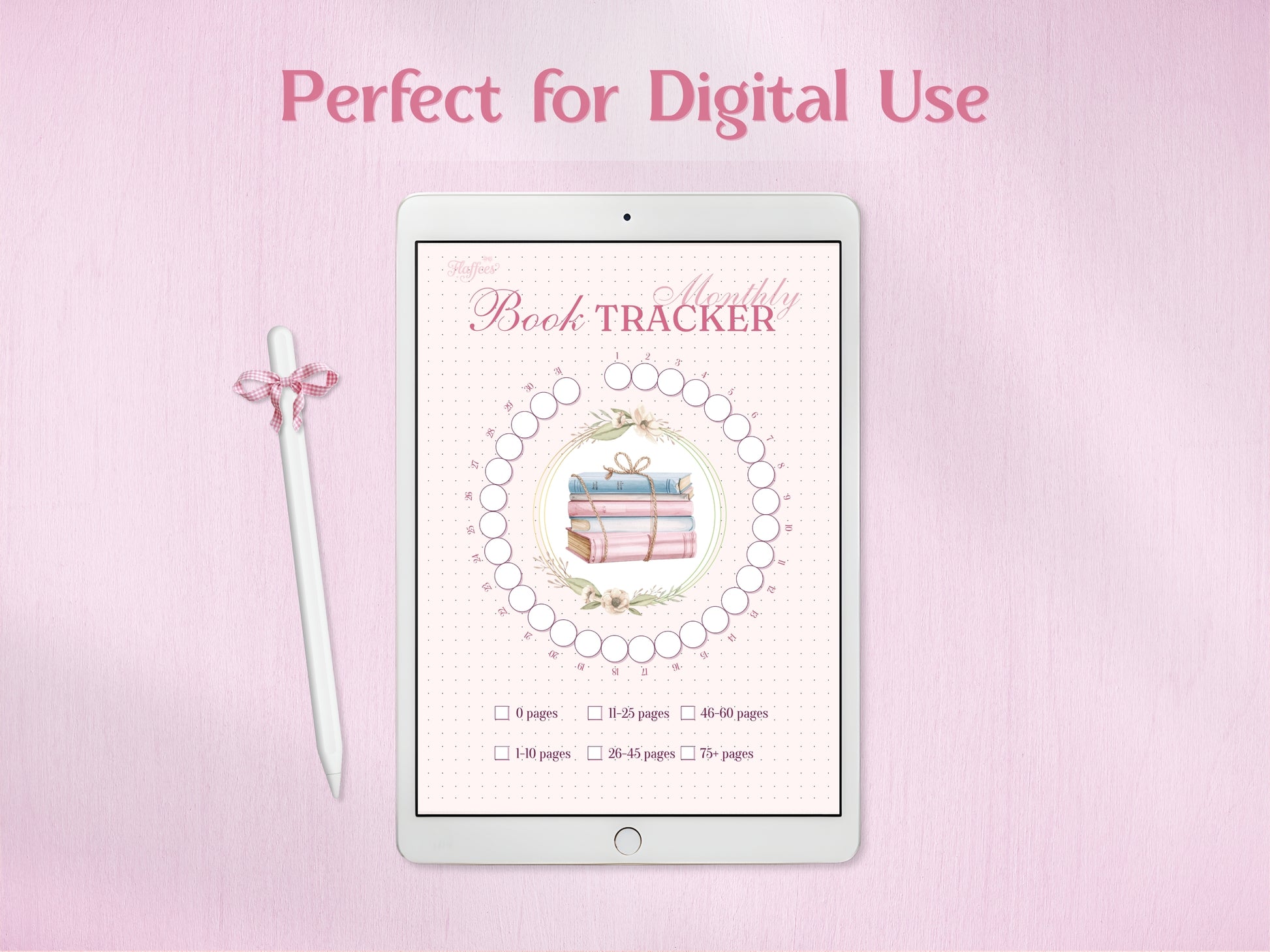 A tablet displaying the circular monthly book tracker with a white stylus next to it. Demonstrates the digital compatibility of the Reading Journal for planning apps like Goodnotes or Notability.