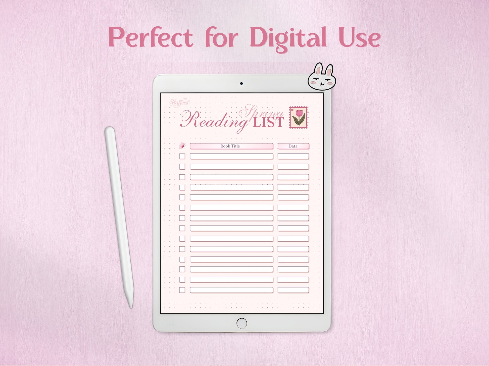 A tablet displaying the Spring reading list for digital bullet journaling, accompanied by a white stylus and a cute bunny-ear accessory. Shows the high-quality layout of the checklist and seasonal decorative elements on a digital planning device.