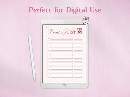 A tablet displaying the Spring reading list for digital bullet journaling, accompanied by a white stylus and a cute bunny-ear accessory. Shows the high-quality layout of the checklist and seasonal decorative elements on a digital planning device.