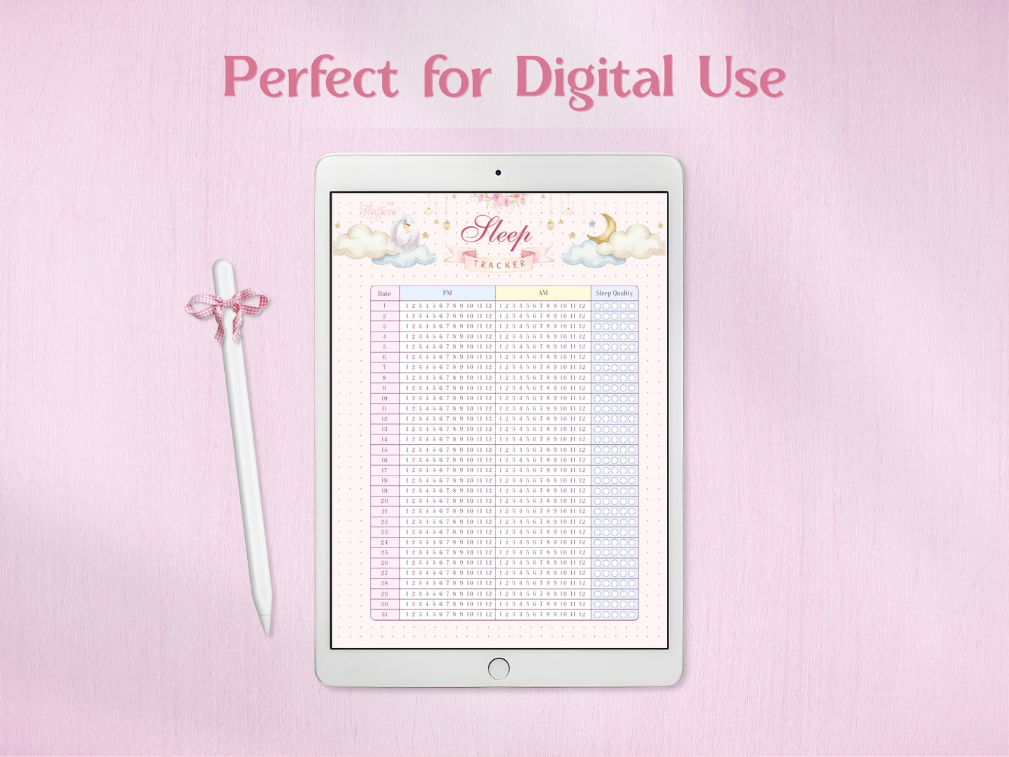 Technical preview of the sleep tracker in A5 and US Letter sizes. The image also demonstrates the 'BG without dots' version, providing a clean white background option for both sizes. Soft watercolor aesthetic with cloud and moon illustrations.