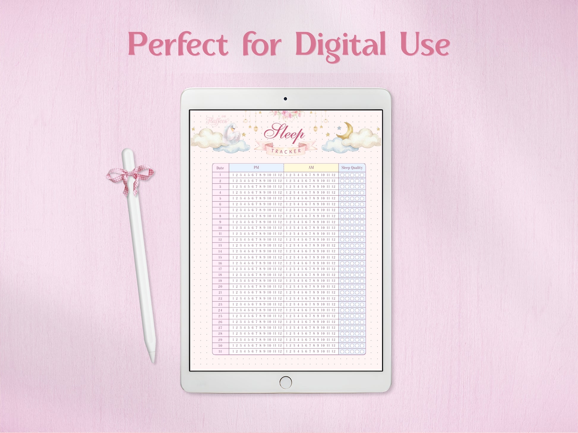 Technical preview of the sleep tracker in A5 and US Letter sizes. The image also demonstrates the 'BG without dots' version, providing a clean white background option for both sizes. Soft watercolor aesthetic with cloud and moon illustrations.