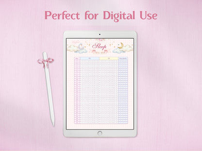 Technical preview of the sleep tracker in A5 and US Letter sizes. The image also demonstrates the 'BG without dots' version, providing a clean white background option for both sizes. Soft watercolor aesthetic with cloud and moon illustrations.