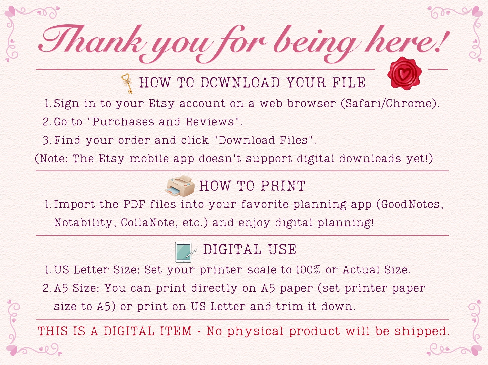 An aesthetic informational step-by-step guide page titled 'Thank you for being here!' for a bullet journal. Outlines instructions on how to download files from an Etsy account, how to print them in US Letter and A5 sizes, and how to import them for digital use in planning apps.