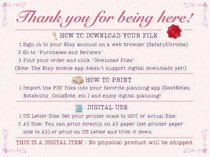An aesthetic informational step-by-step guide page titled 'Thank you for being here!' for a bullet journal. Outlines instructions on how to download files from an Etsy account, how to print them in US Letter and A5 sizes, and how to import them for digital use in planning apps.