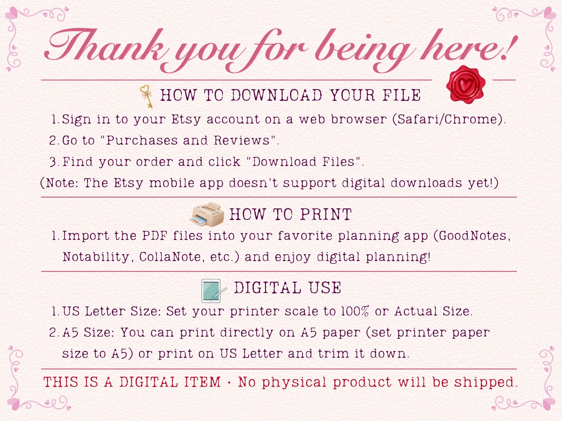 An aesthetic informational step-by-step guide page titled 'Thank you for being here!' for a bullet journal. Outlines instructions on how to download files from an Etsy account, how to print them in US Letter and A5 sizes, and how to import them for digital use in planning apps.