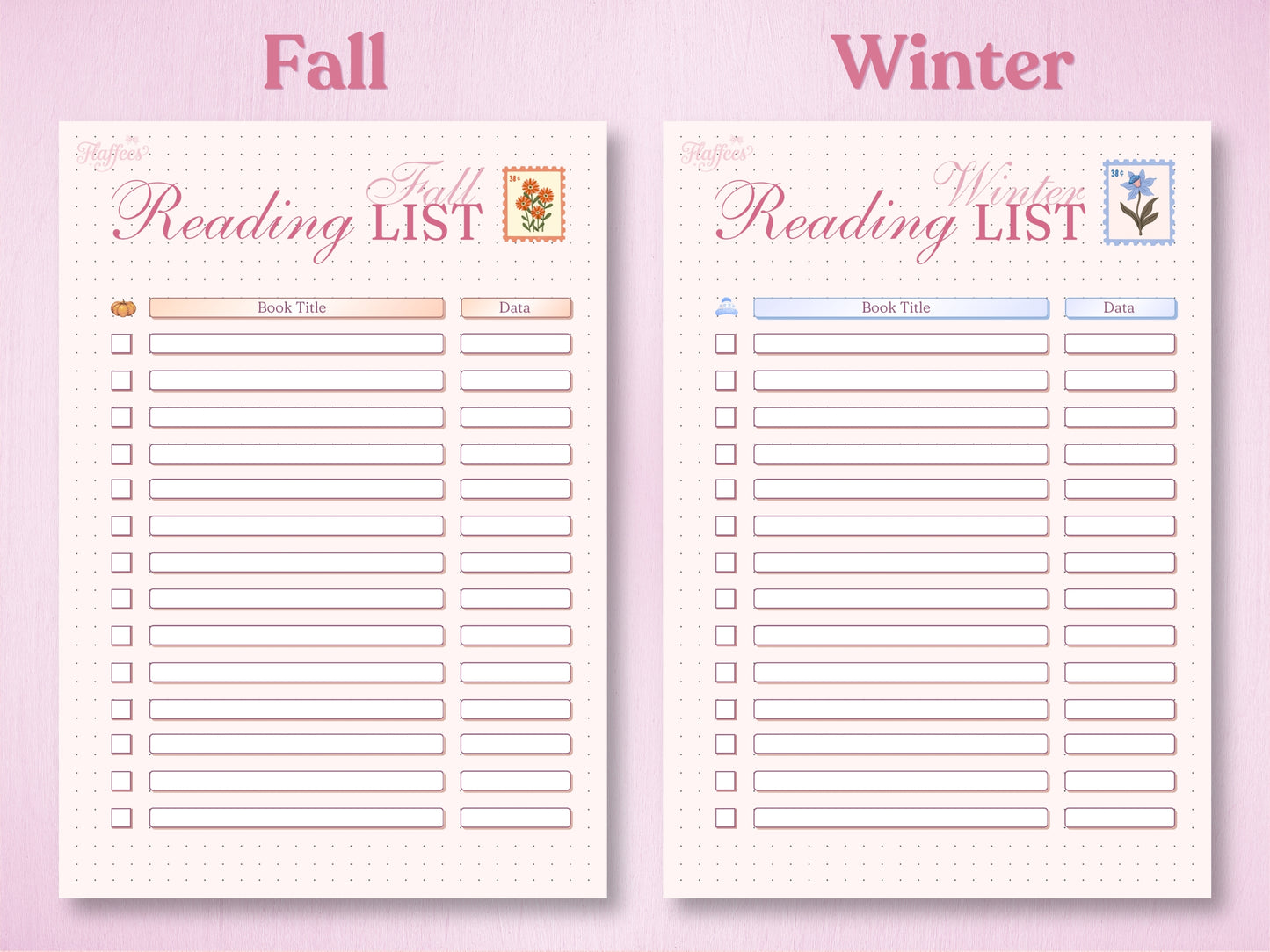 Side-by-side view of the Fall and Winter reading lists. The Fall version is accented with an orange pumpkin icon and warm tones, while the Winter version features a soft blue snowflake and winter flower stamp. Organized checklist format for seasonal bullet journaling.