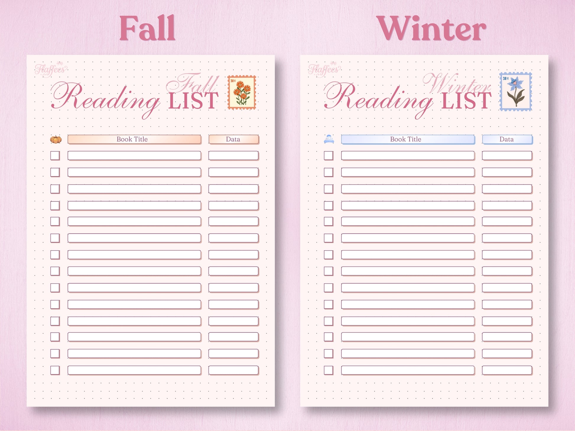 Side-by-side view of the Fall and Winter reading lists. The Fall version is accented with an orange pumpkin icon and warm tones, while the Winter version features a soft blue snowflake and winter flower stamp. Organized checklist format for seasonal bullet journaling.
