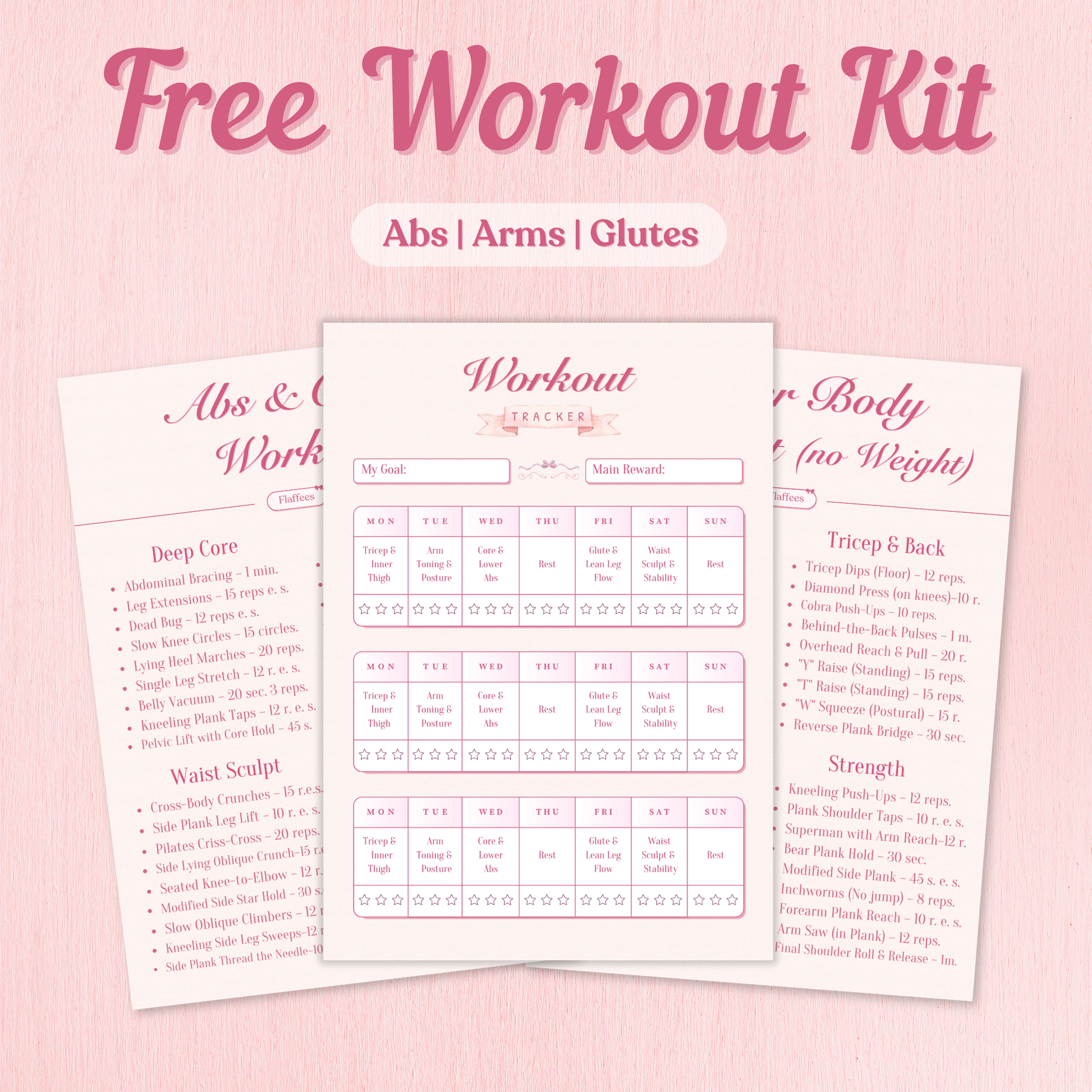 Free workout kit with abs, arms, and glutes exercises on a pink background