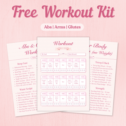 Free workout kit with abs, arms, and glutes exercises on a pink background