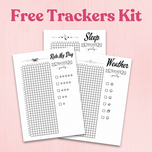 Free Trackers Kit with various tracking sheets on a pink background