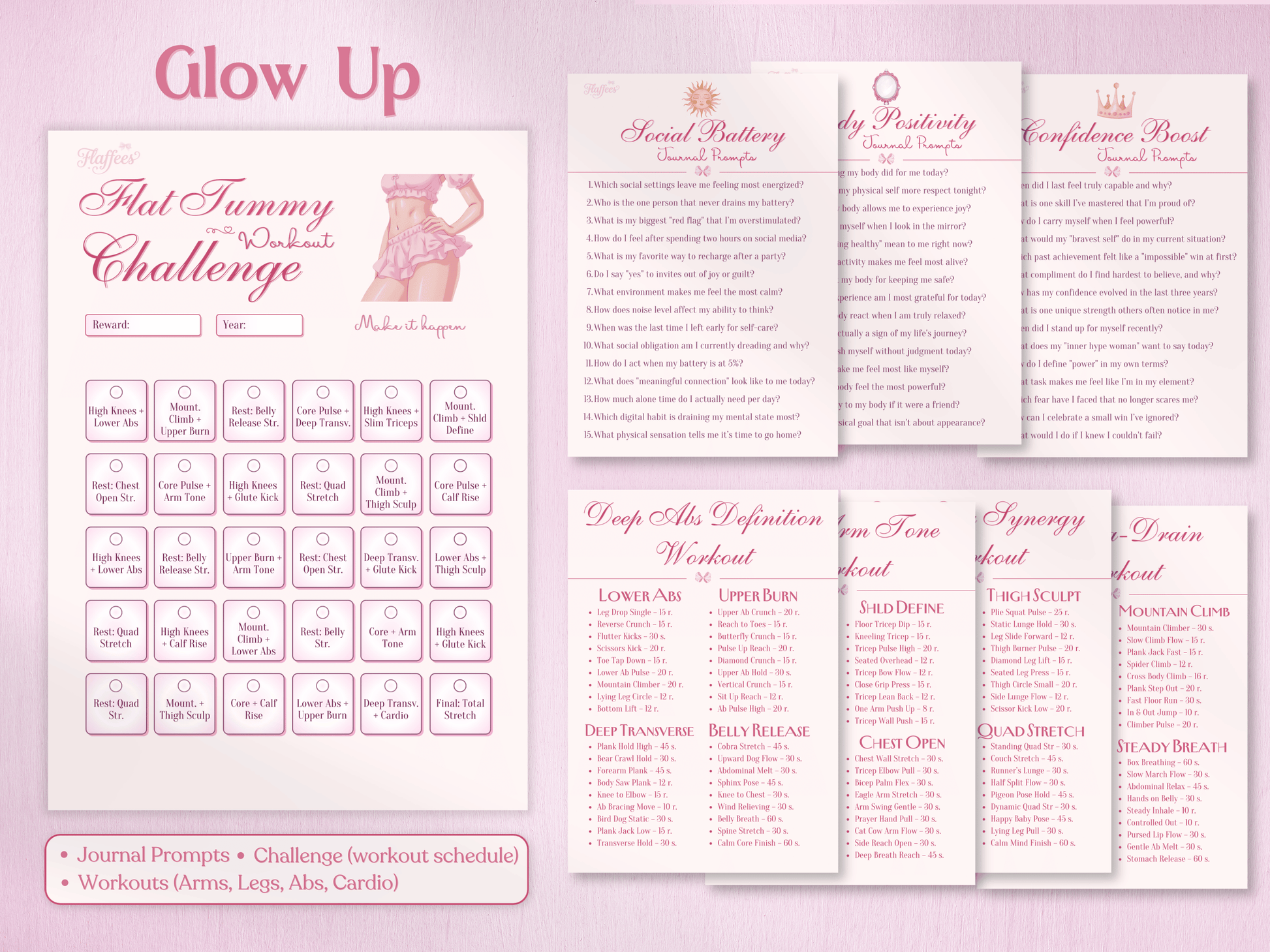 Glow Up section featuring a 'Flat Tummy Workout Challenge' calendar, detailed workout routines for abs, arms, and legs, and journal prompt pages for social battery, body positivity, and confidence boosting.
