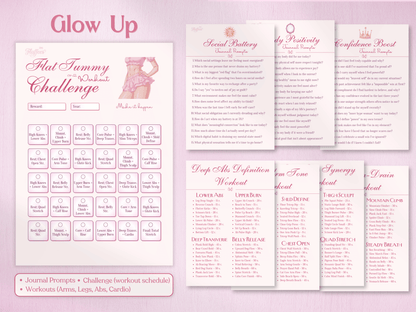 Glow Up section featuring a 'Flat Tummy Workout Challenge' calendar, detailed workout routines for abs, arms, and legs, and journal prompt pages for social battery, body positivity, and confidence boosting.
