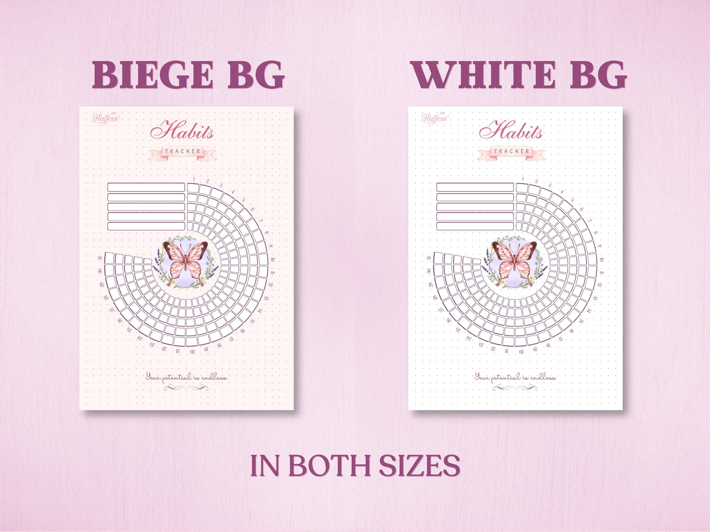 Product specification layout showing two background color options for a butterfly-themed radial habit tracker in a bullet journal: Beige Background (Beige BG) and White Background (White BG). Labeled with 'IN BOTH SIZES' at the bottom.