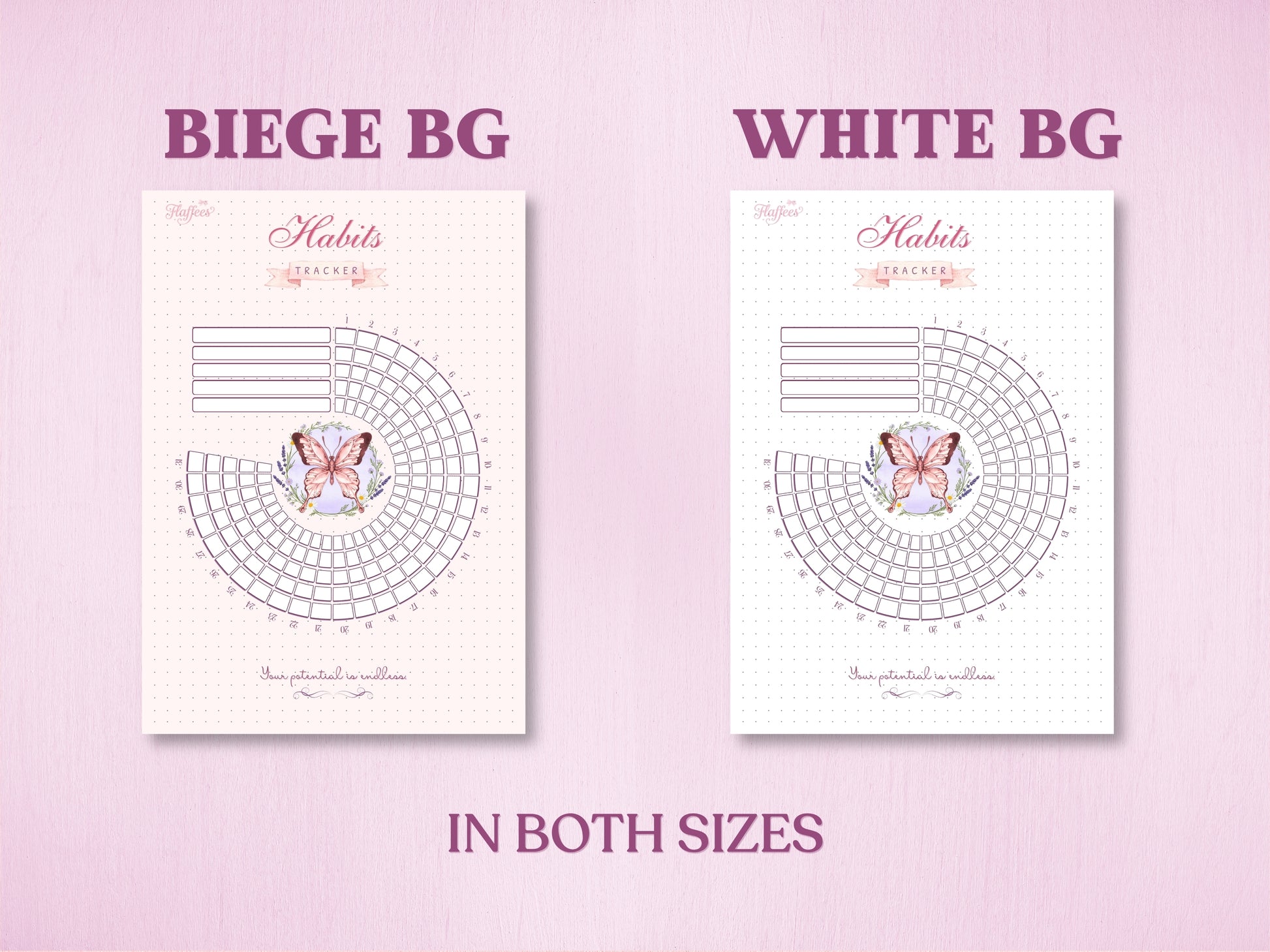Product specification layout showing two background color options for a butterfly-themed radial habit tracker in a bullet journal: Beige Background (Beige BG) and White Background (White BG). Labeled with 'IN BOTH SIZES' at the bottom.